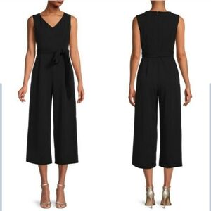 Calvin Klein Sleeveless Jumpsuit Cropped Wide Leg V-Neck Tie Size 12 Black Work